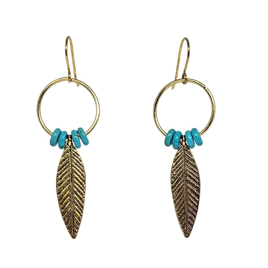Handmade Blue Magnesite Beaded Gold Feather Charm Dangle Earrings Boho Western